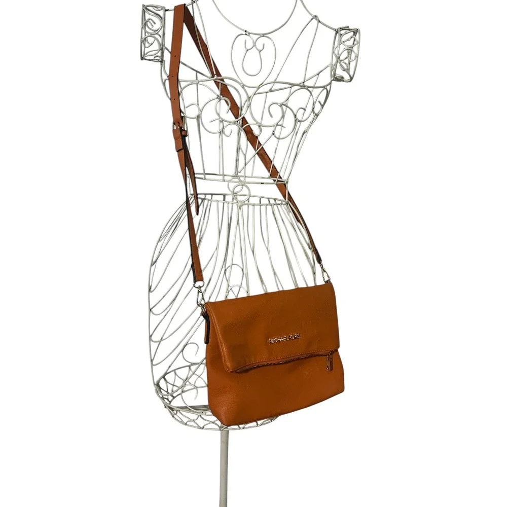 Michael Kors Burnt Orange Pebbled Leather Foldover Crossbody Bag Gold Hardware